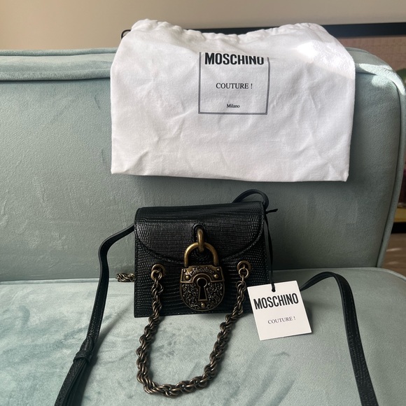 MOSCHINO NWT  Black Solid Padlock Crossbody Leather Handbag - Picture 6 of 10